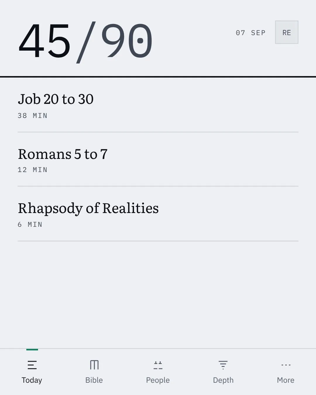 The Deep Waters app today, calm and typographic.