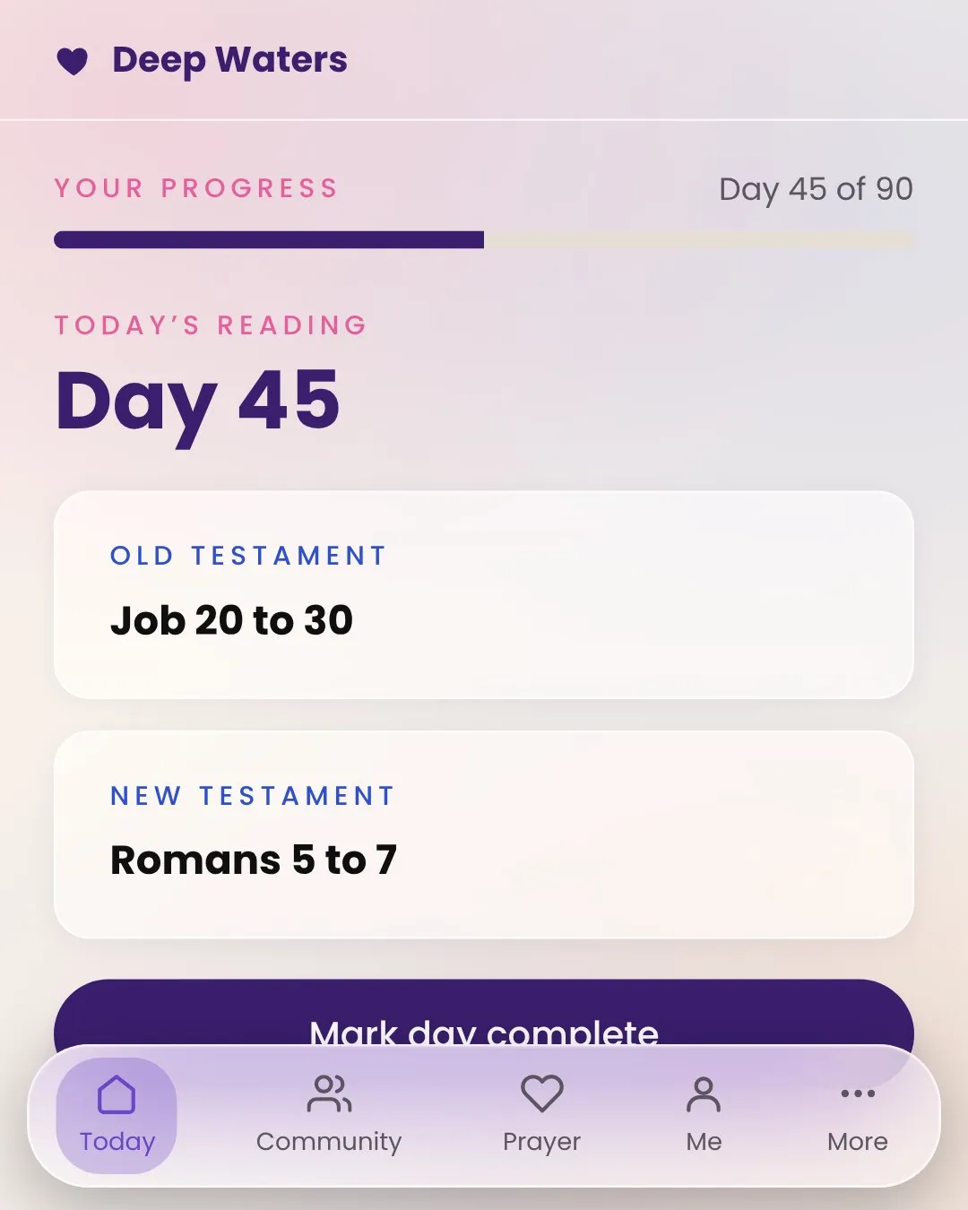The old Deep Waters app screen, heavy with purple glass panels and pink labels.
